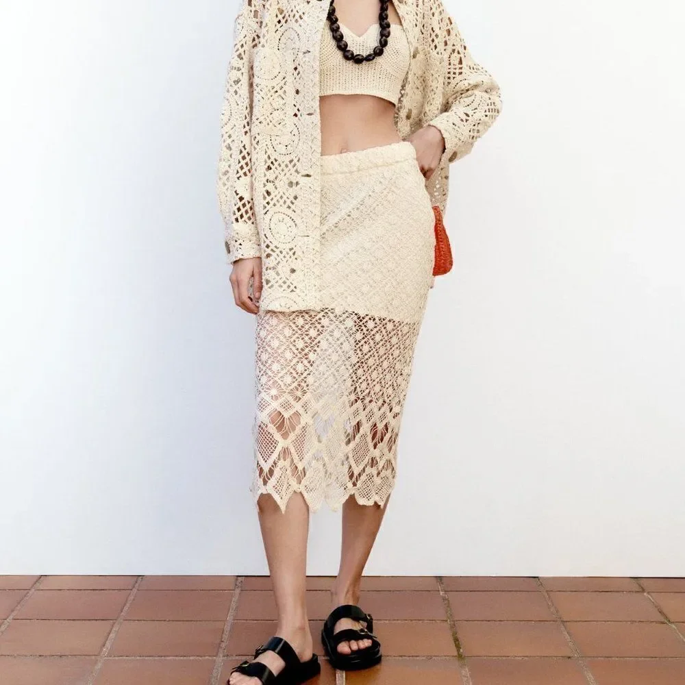 ZARA CROCHET STRAIGHT SKIRT ECRU - Picture 8 of 9